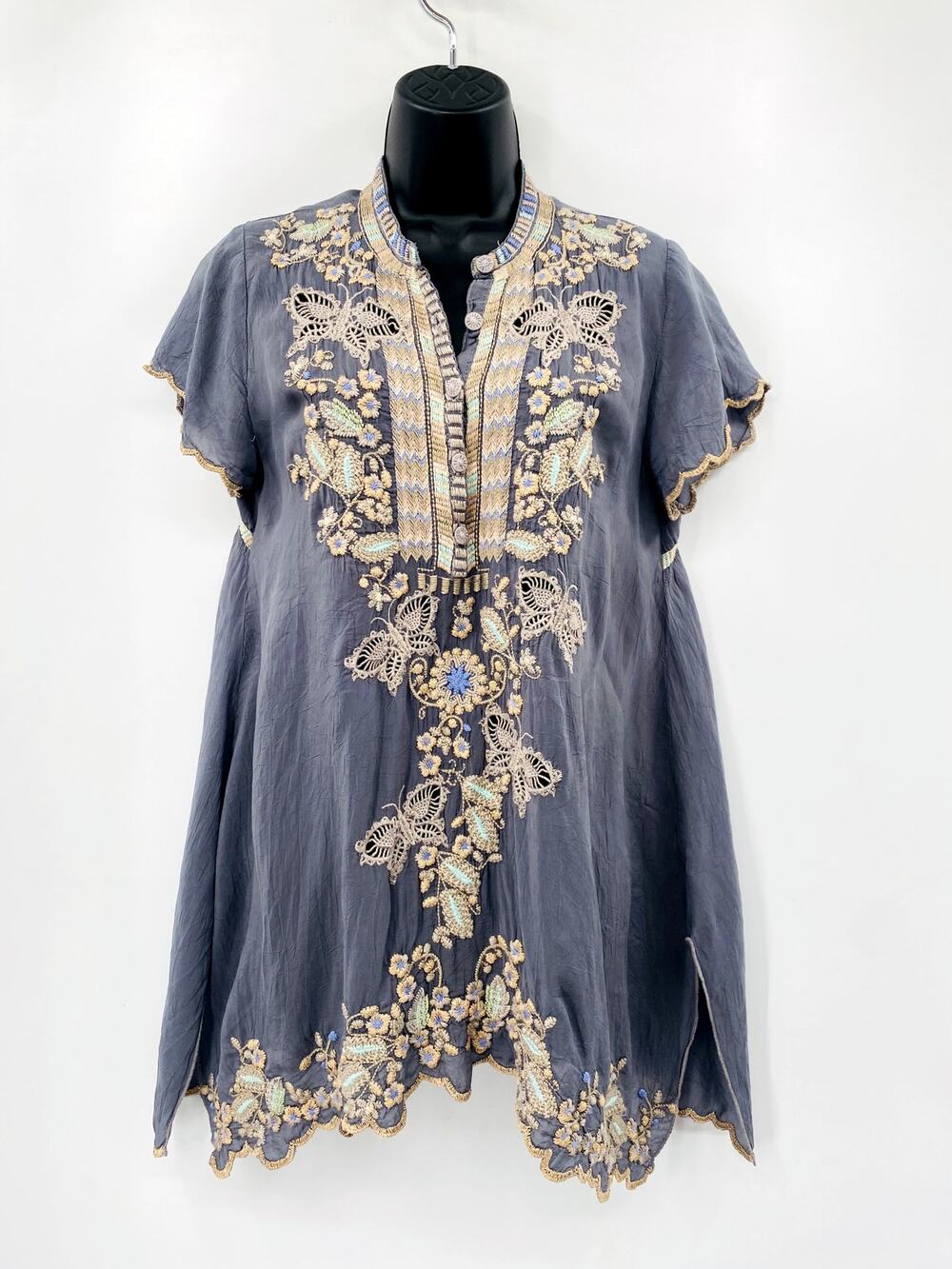 Johnny Was Gray Embroidered Tunic Henley Blouse